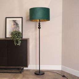 ValueLights Marissa Black Stacked Ball Floor Lamp with Velvet Drum with Gold Inner Shade in Bottle Green - thumbnail 3