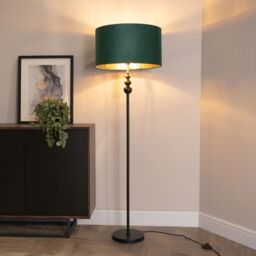 ValueLights Marissa Black Stacked Ball Floor Lamp with Velvet Drum with Gold Inner Shade in Bottle Green - thumbnail 1