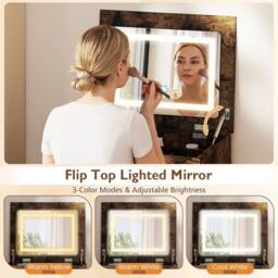 Costway 3-in-1 Vanity Desk Set w/Mirror & Lights Makeup Table w/Drawers &Stool in Brown - thumbnail 8