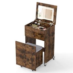 Costway 3-in-1 Vanity Desk Set w/Mirror & Lights Makeup Table w/Drawers &Stool in Brown - thumbnail 1