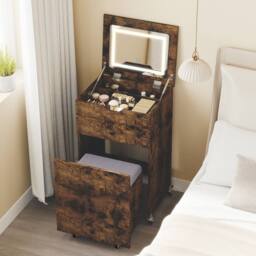 Costway 3-in-1 Vanity Desk Set w/Mirror & Lights Makeup Table w/Drawers &Stool in Brown - thumbnail 3