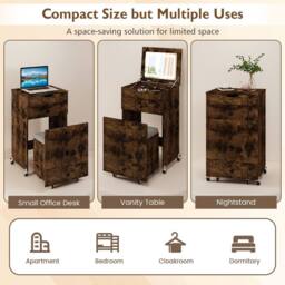 Costway 3-in-1 Vanity Desk Set w/Mirror & Lights Makeup Table w/Drawers &Stool in Brown - thumbnail 7