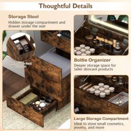 Costway 3-in-1 Vanity Desk Set w/Mirror & Lights Makeup Table w/Drawers &Stool in Brown - thumbnail 2