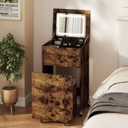 Costway 3-in-1 Vanity Desk Set w/Mirror & Lights Makeup Table w/Drawers &Stool in Brown - thumbnail 4