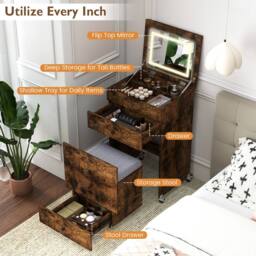 Costway 3-in-1 Vanity Desk Set w/Mirror & Lights Makeup Table w/Drawers &Stool in Brown - thumbnail 9