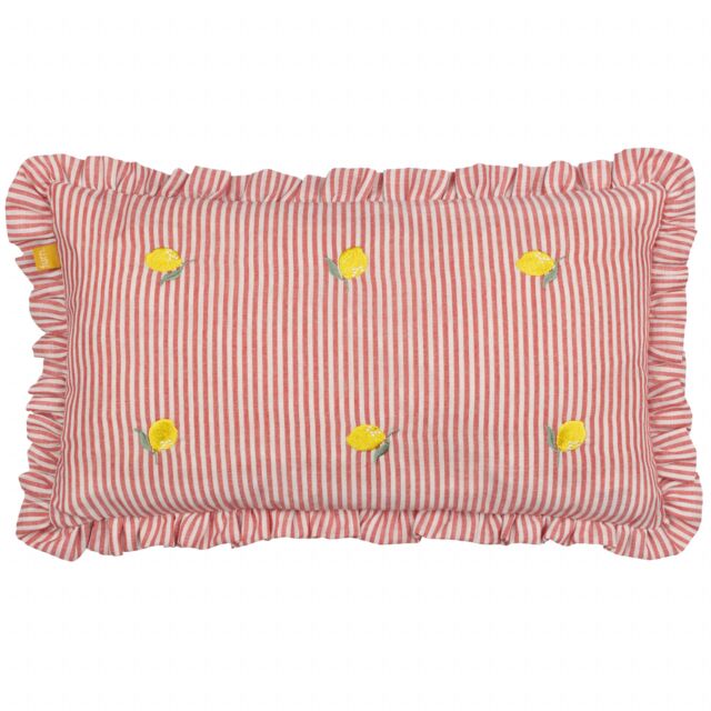 Furn Les Fruites Embroidered Ruffle Cushion in Red - Size: 30 cm x 50 cm