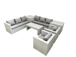 Fimous Outdoor Garden Furniture Rattan Sofa Set with 2 Armchairs Oblong Coffee Table 2 Side Tables Light Grey Mixed - thumbnail 2