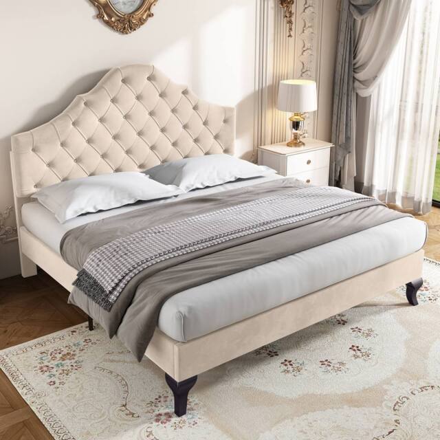 ModernLuxe Upholstered Double Bed with Adjustable Headboard & Slatted Frame in Beige - image 1