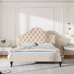 ModernLuxe Upholstered Double Bed with Adjustable Headboard & Slatted Frame in Beige - thumbnail 5