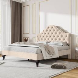 ModernLuxe Upholstered Double Bed with Adjustable Headboard & Slatted Frame in Beige - thumbnail 4