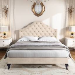 ModernLuxe Upholstered Double Bed with Adjustable Headboard & Slatted Frame in Beige - thumbnail 2