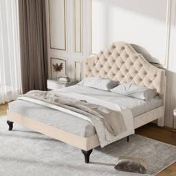ModernLuxe Upholstered Double Bed with Adjustable Headboard & Slatted Frame in Beige - thumbnail 3
