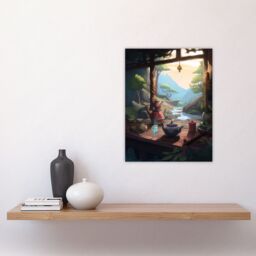 Artery8 Wall Art Print Tranquil Tea Ceremony in Nature Painting Japan Hospitality Traditional Customs at Sunrise in Forest River Landscape Poster - thumbnail 4