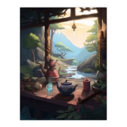 Artery8 Wall Art Print Tranquil Tea Ceremony in Nature Painting Japan Hospitality Traditional Customs at Sunrise in Forest River Landscape Poster - thumbnail 1
