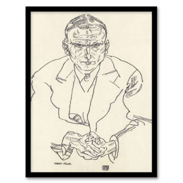Artery8 Egon Schiele Framed Wall Art Print Robert Muller Line Art Portrait in Beige - Size: A4 - image 1