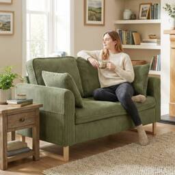 HOMCOM 2 Seater Sofa, Corduroy Sofa w/ Spring Cushions 2 Pillows, Dark Green