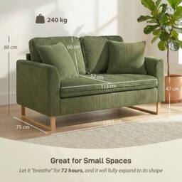 HOMCOM 2 Seater Sofa, Corduroy Sofa w/ Spring Cushions 2 Pillows, Dark Green - thumbnail 3