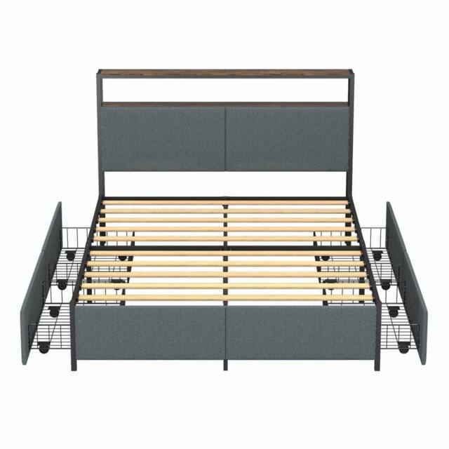 FLAVORA King Size Metal Bed Frame with Headboard in Grey - Size: Cot - image 1