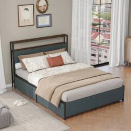 FLAVORA King Size Metal Bed Frame with Headboard in Grey - Size: Cot - thumbnail 2
