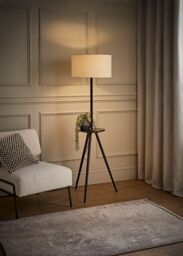 ValueLights Desmond Side Table Tripod Floor Lamp with Linen Lamp Shade & Bulb in Black