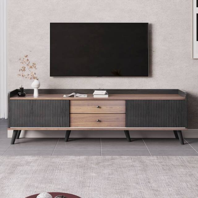 YMYNY 160 cm TV Unit with Sliding Doors & Two Drawers in Black - image 1