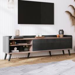 YMYNY 160 cm TV Unit with Sliding Doors & Two Drawers in Black - thumbnail 6