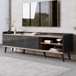 YMYNY 160 cm TV Unit with Sliding Doors & Two Drawers in Black - thumbnail 9