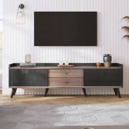 YMYNY 160 cm TV Unit with Sliding Doors & Two Drawers in Black - thumbnail 4