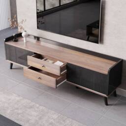 YMYNY 160 cm TV Unit with Sliding Doors & Two Drawers in Black - thumbnail 2