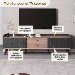 YMYNY 160 cm TV Unit with Sliding Doors & Two Drawers in Black - thumbnail 7