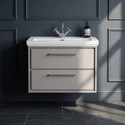 Balterley Bathroom Wall Hung 2-Drawer Vanity Unit, Fireclay Basin, Grey, 800mm in Grey - thumbnail 3