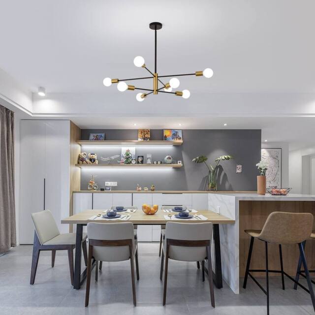 NIVOR 8 Light Sputnik Chandelier, Adjustable Black Gold Modern Pendant Light - image 1