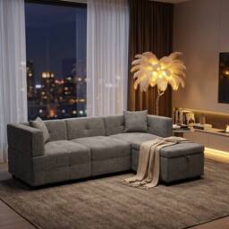 FENCHILIN L-Shaped Corner Sofa with Movable Storage Ottoman Sectional Couch in Grey