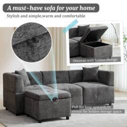 FENCHILIN L-Shaped Corner Sofa with Movable Storage Ottoman Sectional Couch in Grey - thumbnail 2