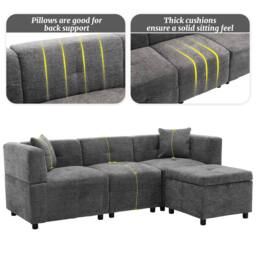 FENCHILIN L-Shaped Corner Sofa with Movable Storage Ottoman Sectional Couch in Grey - thumbnail 3