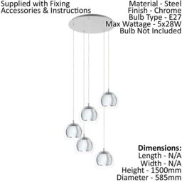 Loops Pendant Ceiling Light Colour Galvanised Chrome Shade Clear Glass Bulb E27 5x28W - thumbnail 2