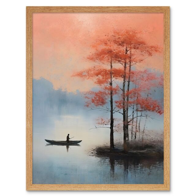 "Artery8 Wall Art Print Canoe Boat on Misty Lake Oil Painting Landscape Blue Pink Blossom Tree Early Morning Art Framed - Size: W12"" x H16""" - image 1