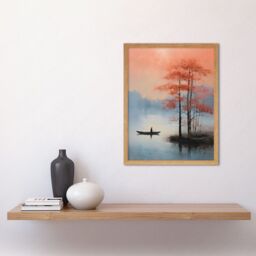 "Artery8 Wall Art Print Canoe Boat on Misty Lake Oil Painting Landscape Blue Pink Blossom Tree Early Morning Art Framed - Size: W12"" x H16""" - thumbnail 2