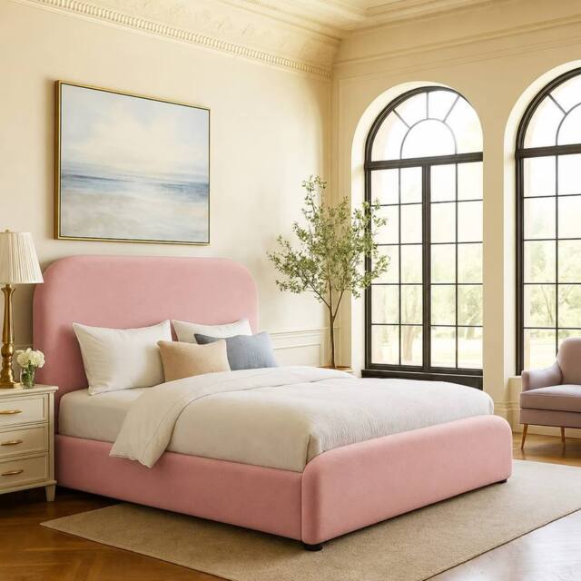 PARADISE BEDS LTD Luxury Upholstered Bed Frame with Curved Headboard in Pink - Size: Double - image 1