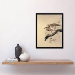 Artery8 Ohara Koson Framed Wall Art Print Hawk Bird of Prey on Tree Branch in Beige - Size: A4 - thumbnail 2