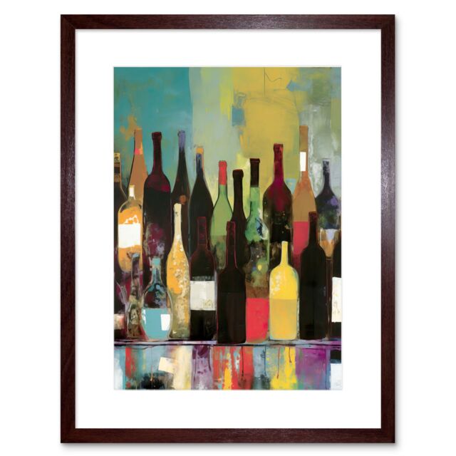 "Artery8 Wall Art Print Rose White & Red Glass Wine Bottles on Shelf Artwork Framed 9X7 Inch in Brown - Size: W7"" x H9""" - image 1