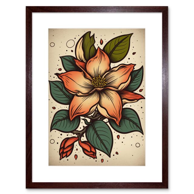"Artery8 Wall Art Print Red Jasmine Old School USA Tattoo Ink Body Art Rockabilly Americana 50s Artwork Framed 9X7 Inch in Brown - Size: W7"" x H9""" - image 1