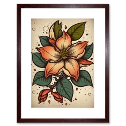 "Artery8 Wall Art Print Red Jasmine Old School USA Tattoo Ink Body Art Rockabilly Americana 50s Artwork Framed 9X7 Inch in Brown - Size: W7"" x H9""" - thumbnail 1