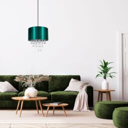 Happy Homewares Modern Satin Fabric Pendant Light Shade with Acrylic Droplets in Dark Green - Size: 12 inches - thumbnail 5