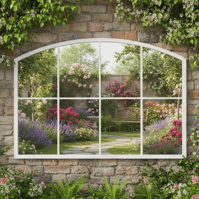 Melody Maison Distressed White Arched Window Wall Mirror - 100cm X 70cm - Size: 100 cm X 70 cm - image 1