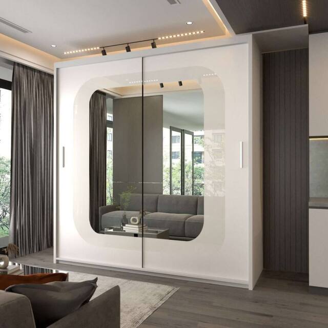 Sliding Wardrobes 4U Modern Double Door Sliding Wardrobe With LED Light W203cm x H217cm in White - image 1