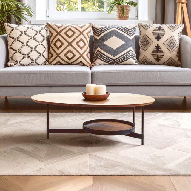 Orsina Oblong Walnut‑Effect Coffee Table, Walnut Veneer Oblong Top, Black Metal Base with Lower Display Shelf in Natural - image 1