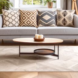 Orsina Oblong Walnut‑Effect Coffee Table, Walnut Veneer Oblong Top, Black Metal Base with Lower Display Shelf in Natural