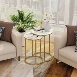 Kelvenix Set of 2 Round Nest Table Marble Top Desk in Gold - Size: 0.6m2 - thumbnail 3