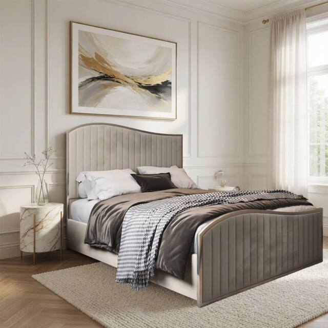 Casani Fulbeck Upholstered Soft Velvet Beige Metal Designer Bed Frame in Cream - Size: Double - image 1